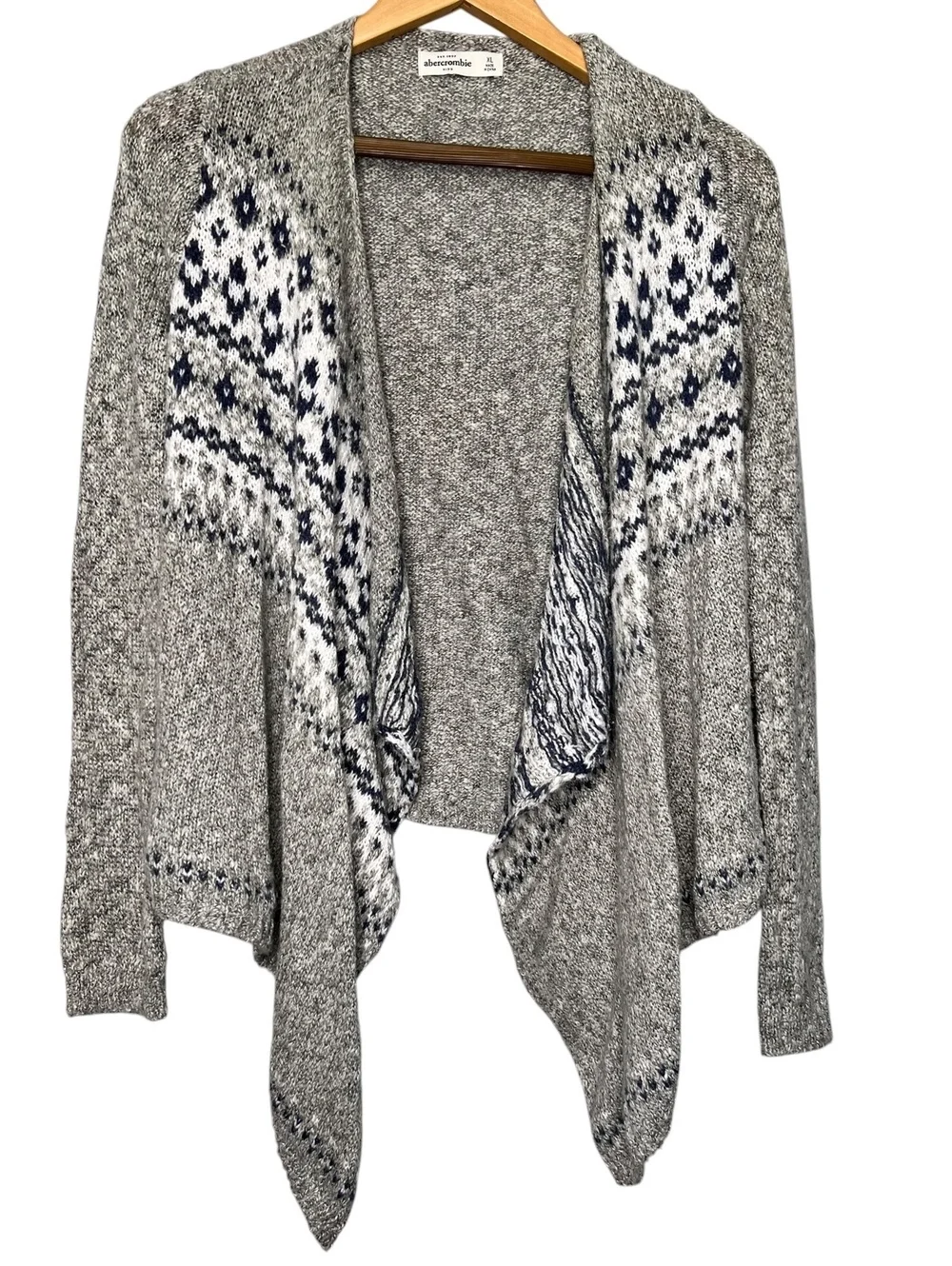 Abercrombie Kids Open Cardigan Sweater Grey Fair Isle Knit Draped Front Girls XL
